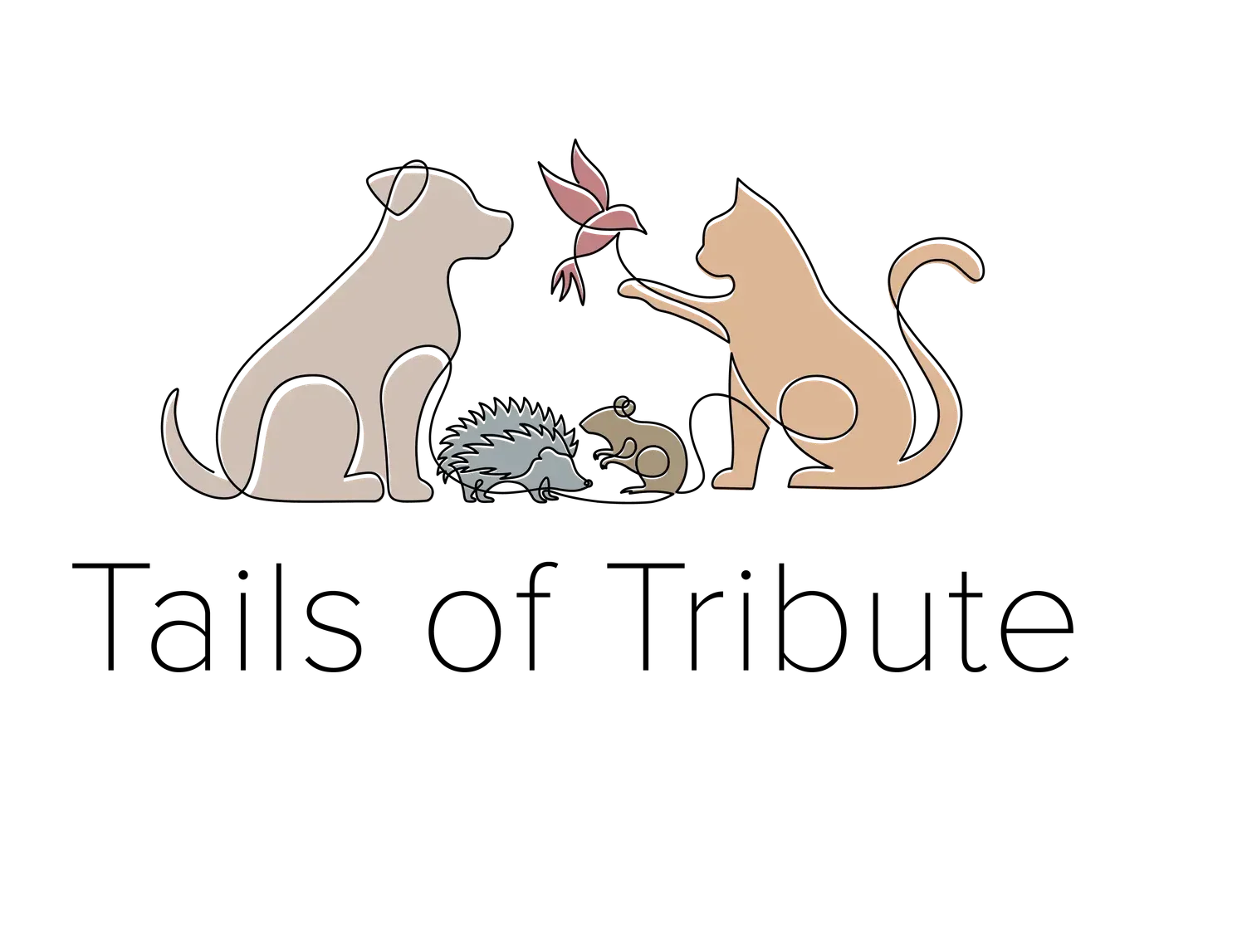 Tails of Tribute official logo, showing a dog, hedgehog, rat, cat and bird