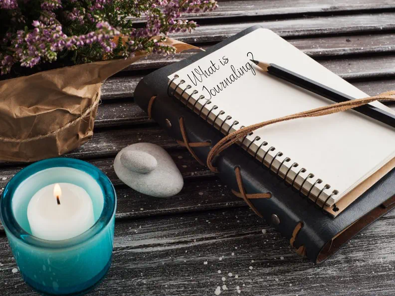 what is journaling, a leather bound journal on a desk with a candle
