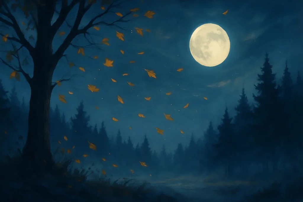 mpressionist painting of whispers in the wind, a golden autumn forest with a solitary figure standing beneath a bright sky, evoking a sense of peace, memory, and spiritual connection.