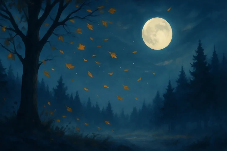 mpressionist painting of whispers in the wind, a golden autumn forest with a solitary figure standing beneath a bright sky, evoking a sense of peace, memory, and spiritual connection.