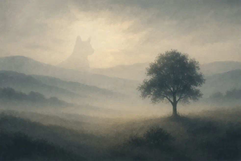 Misty sunrise with tree and dog silhouette – symbolic tribute image for poem "If Grief Had a Voice" about pet loss and love that endures.