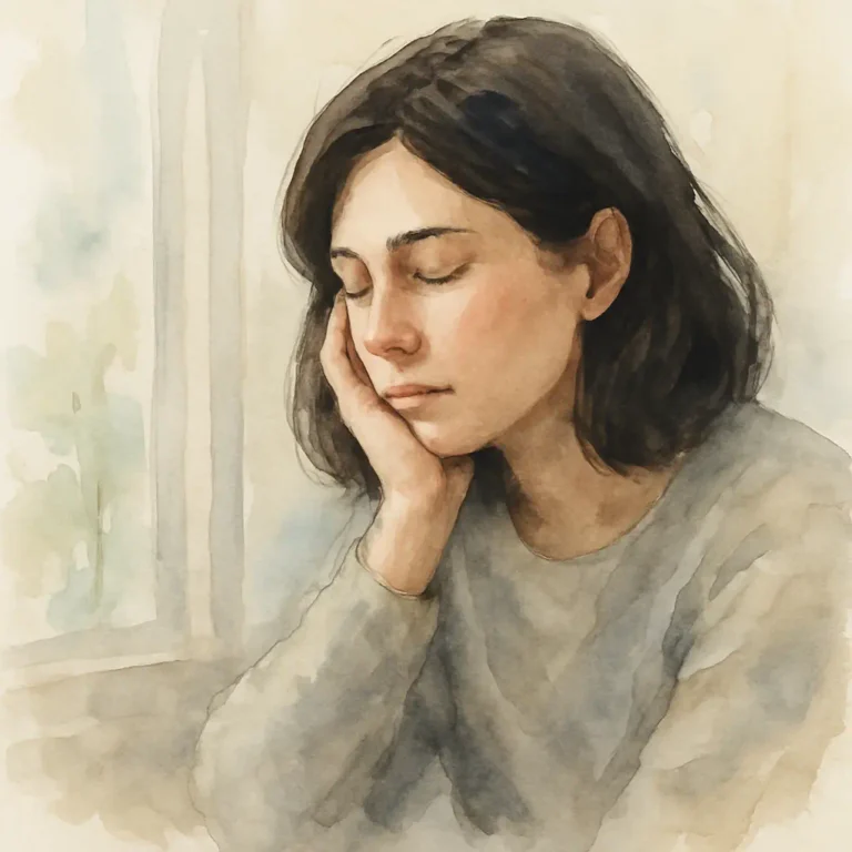 a soft watercolour painting of a young woman with dark hair resting her face in her hand, sitting quietly by a window in a moment of quiet grief and guilt reflection