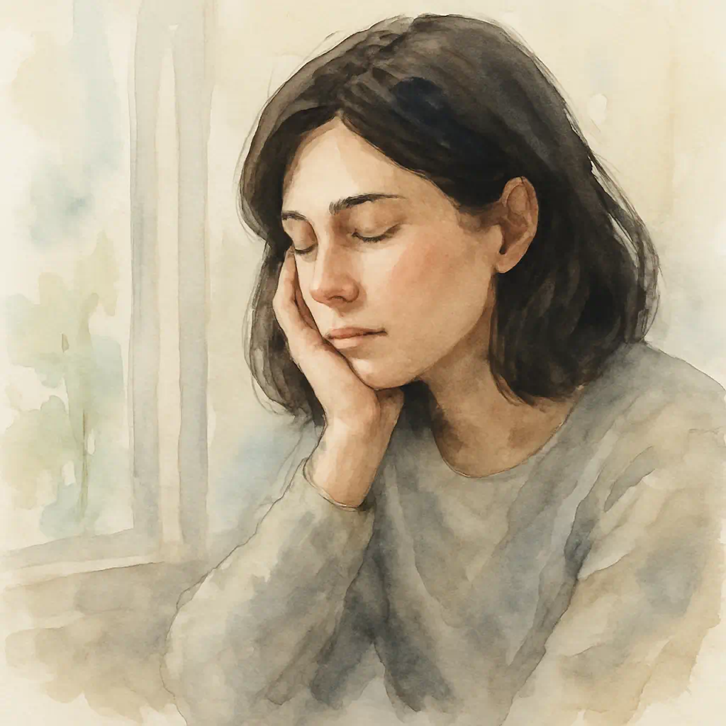 a soft watercolour painting of a young woman with dark hair resting her face in her hand, sitting quietly by a window in a moment of quiet grief and guilt reflection