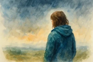 A soft watercolor painting of a lone figure standing beneath a stormy sky, symbolising grief, reflection, and emotional healing.