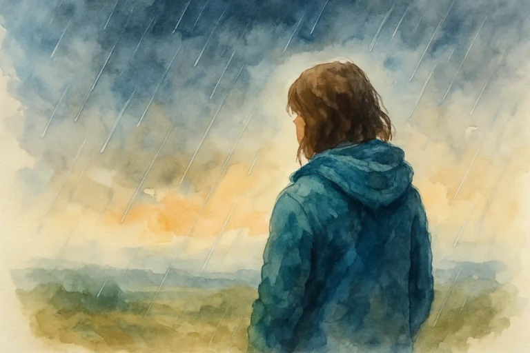 A soft watercolor painting of a lone figure standing beneath a stormy sky, symbolising grief, reflection, and emotional healing.