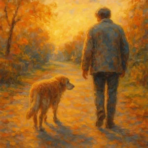 Impressionist painting of a person walking beside an elderly golden retriever along a sunlit autumn path, symbolizing love, memory, and farewell.