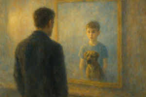 Impressionist painting of a man standing before a mirror, seeing the reflection of a young boy and his brindled dog, glowing softly in warm dawn light — symbolizing love, memory, and the eternal bond between souls.