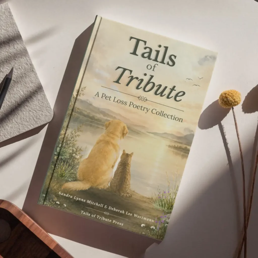 Tails of Tribute: A Pet Loss Poetry Collection by Sandra Lynne Mitchell and Deborah Lee Wortmann, shown as a book beside dried flowers.
